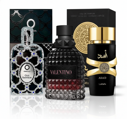 TRIO ASAD + VALENTINO BORN IN ROMA + ORIENTICA OUD SAFFRON + REGALO CREMA CORPORAL